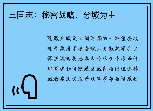 三国志：秘密战略，分城为主